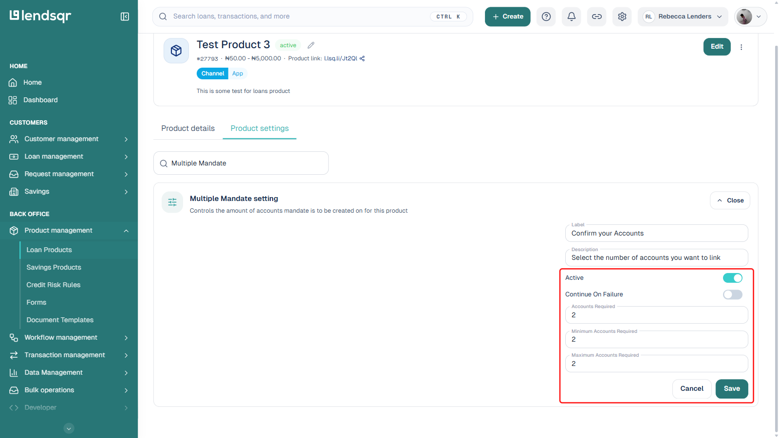 Multiple Mandate setting expanded showing Active toggled on, Continue On Failure, and Accounts Required/Minimum/Maximum fields set to 2, boxed in red