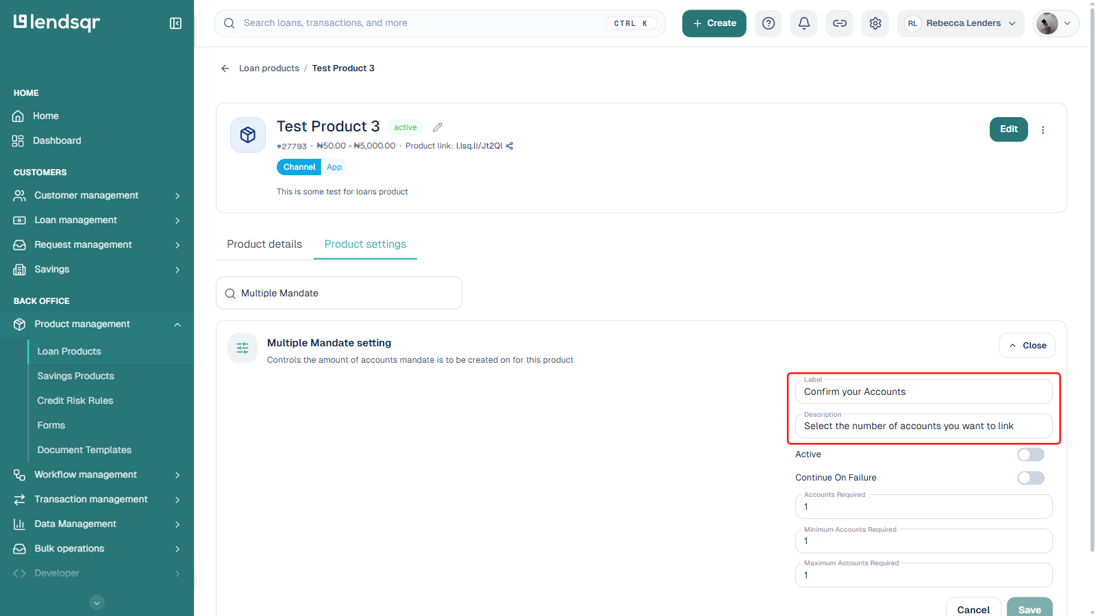 Multiple Mandate setting expanded with the Label and Description fields boxed in red