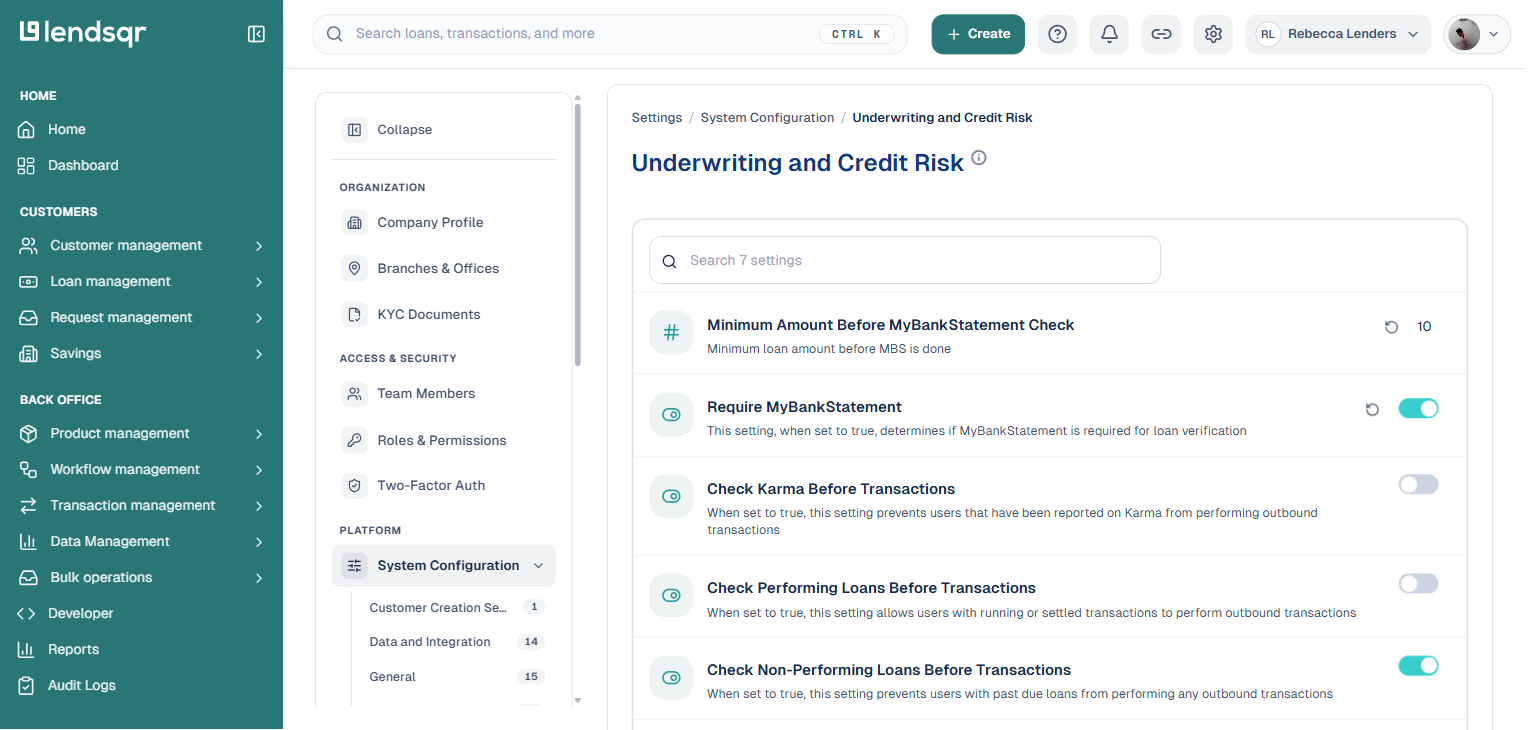 Lendsqr Settings page System Configuration category list with Underwriting and Credit Risk and Security boxed