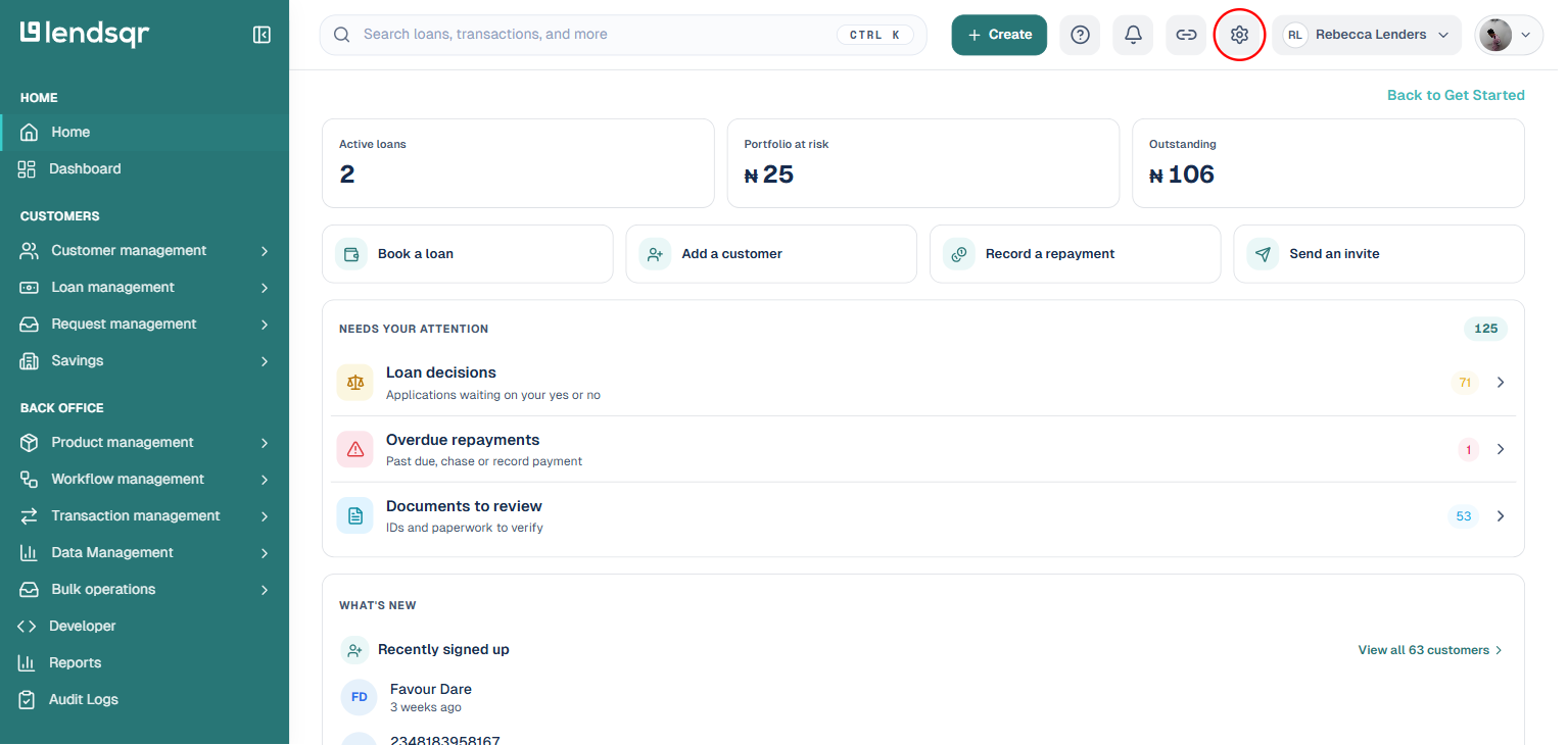 Lendsqr admin console top navigation with the Settings gear icon boxed