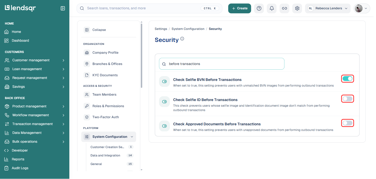 Lendsqr Security settings page filtered to Check Selfie BVN, Check Selfie ID, and Check Approved Documents Before Transactions toggles