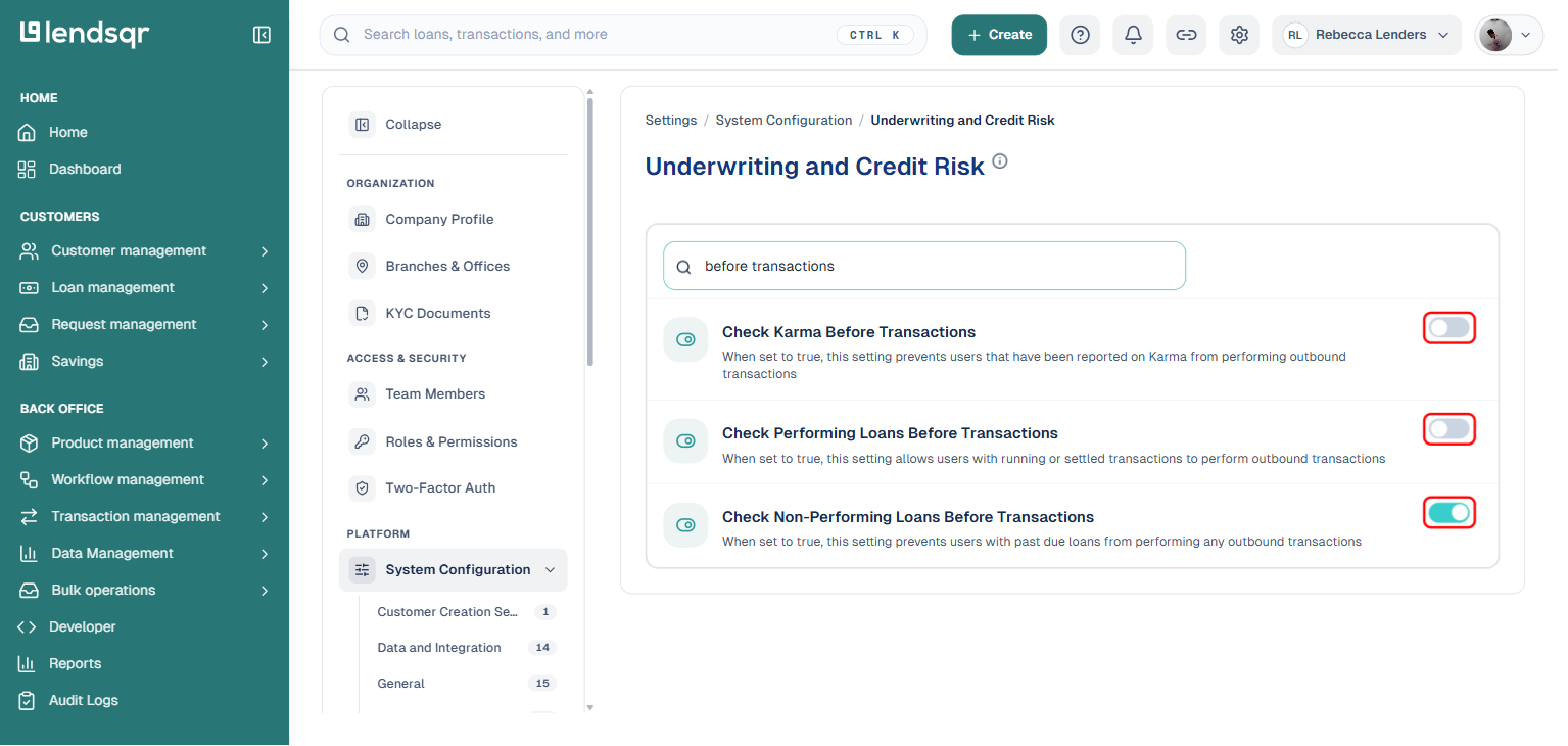 Lendsqr Underwriting and Credit Risk settings page filtered to Check Karma, Check Performing Loans, and Check Non-Performing Loans Before Transactions toggles