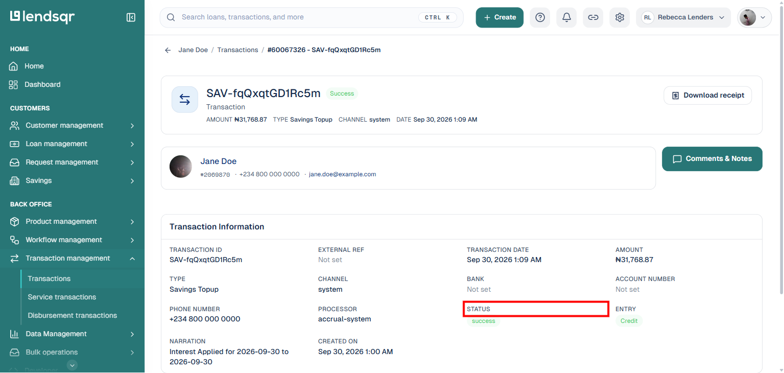 Transaction detail page, highlighted, showing the Status field with a green success badge