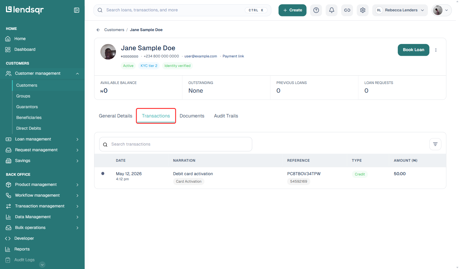 Customer profile page with the Transactions tab boxed in red, showing that customer's individual transaction list with date, narration, reference, type, and amount columns