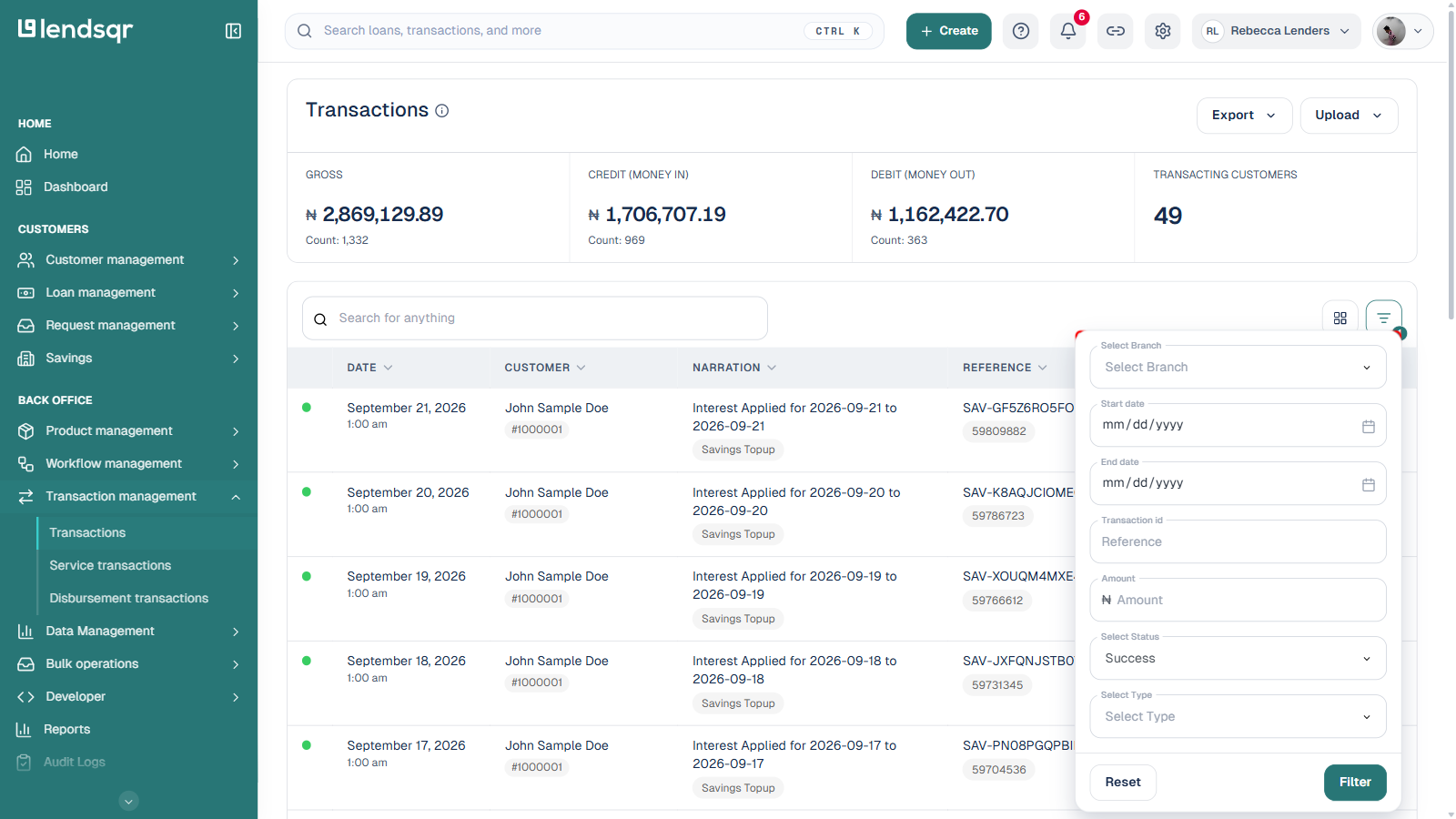 Transactions filter panel
