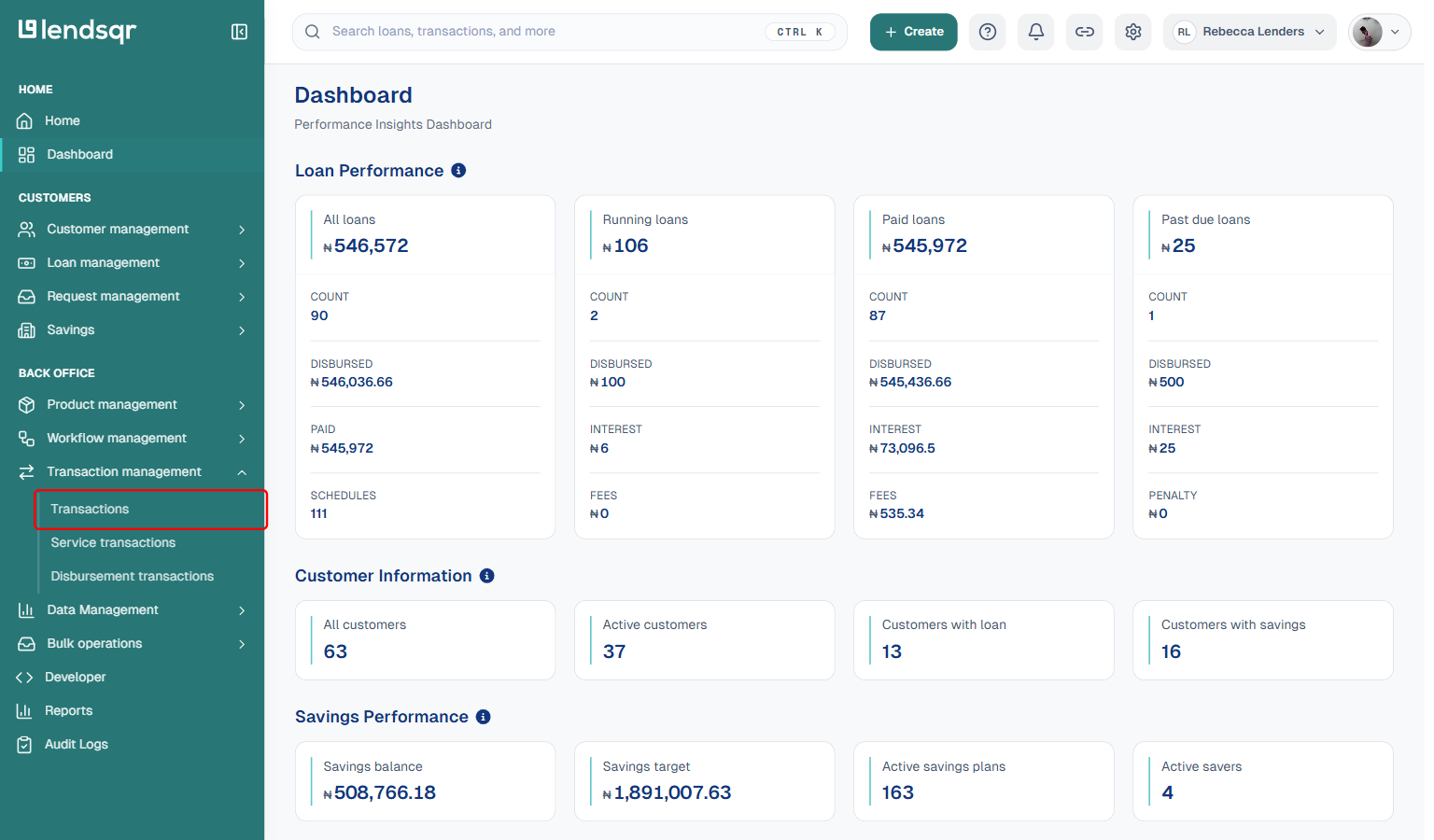 Dashboard sidebar: box on the Transactions sub-tab under Transaction Management