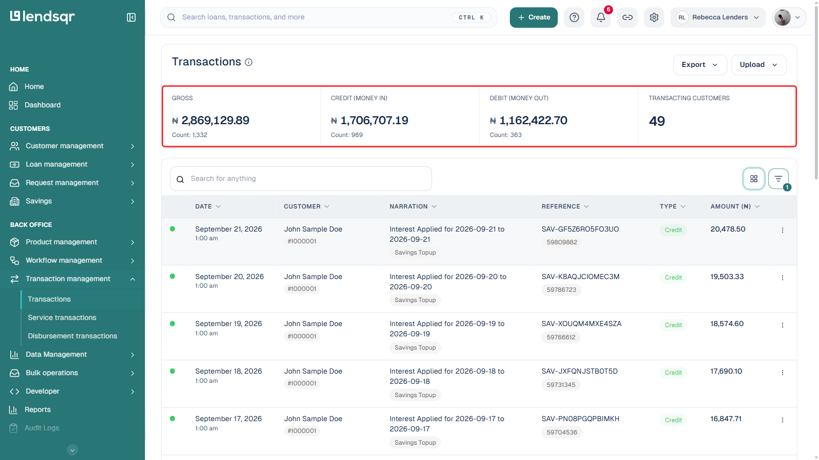 Transactions page summary cards