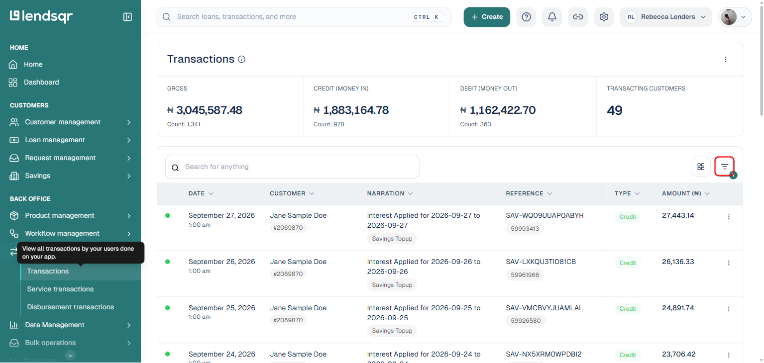 Lendsqr Transactions page with the filter icon boxed above the table