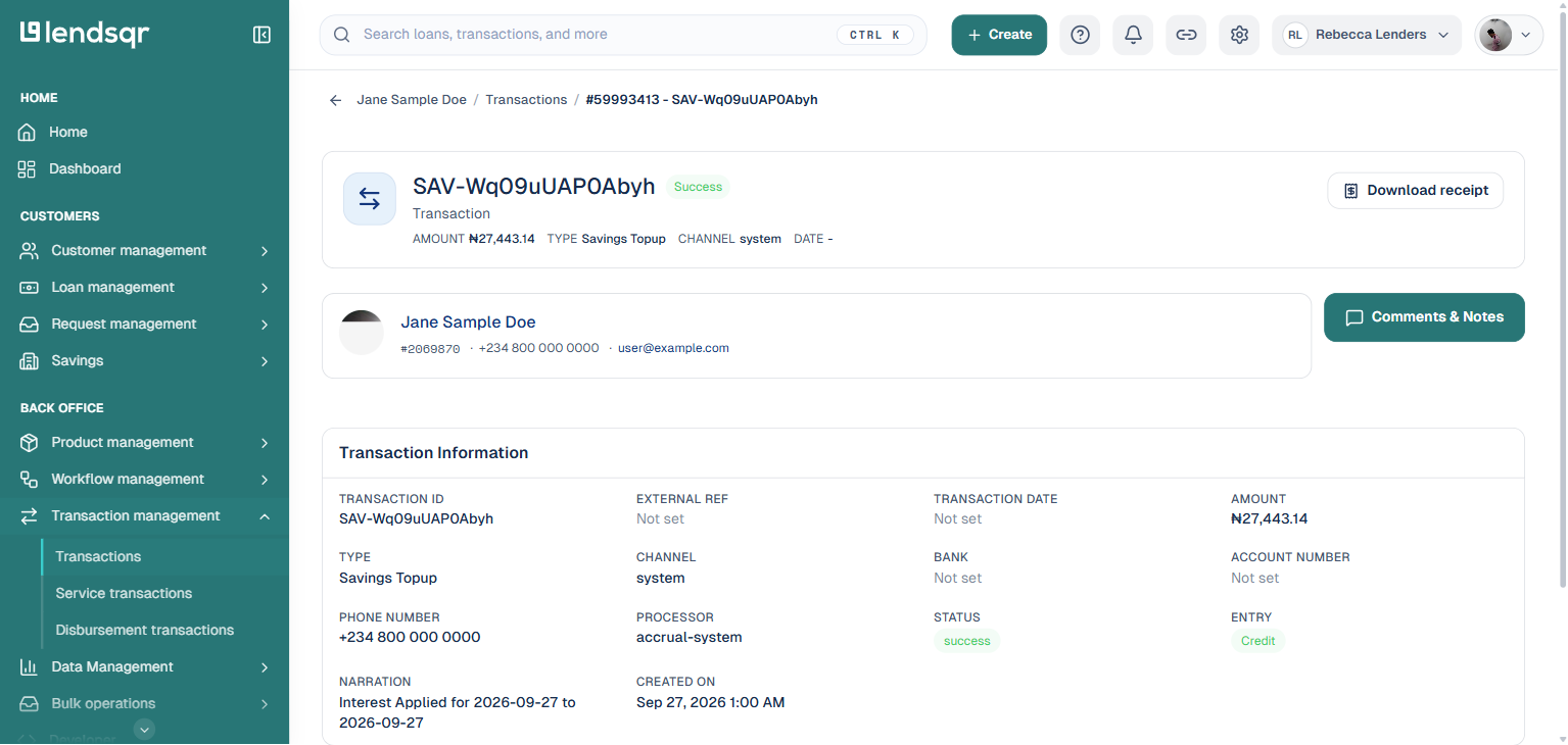 Lendsqr transaction details page showing the transaction ID, user details, transaction information, and transaction insight sections