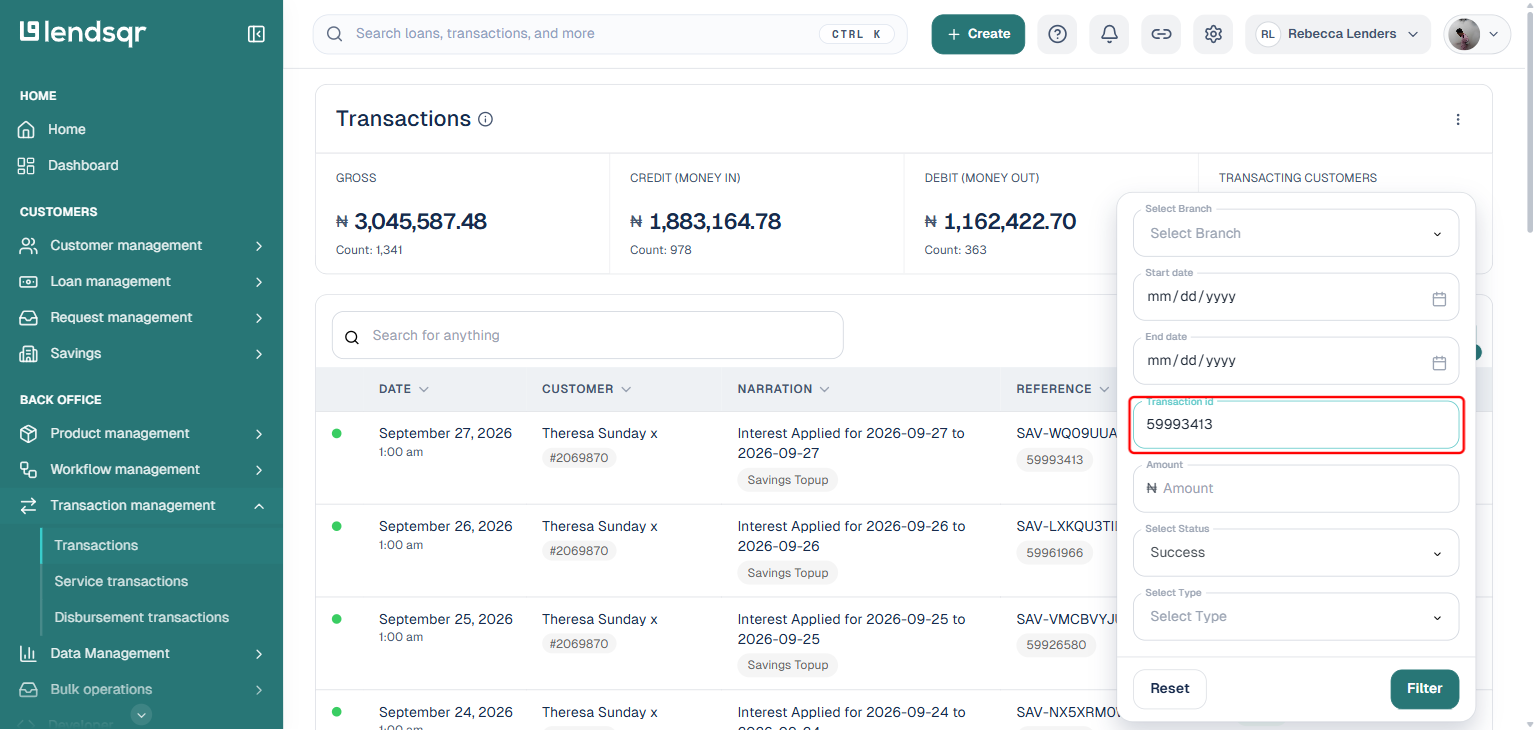 Lendsqr Transactions page filter panel showing Branch, Start date, End date, Transaction id, Amount, Status, and Type fields, with the Transaction id field boxed