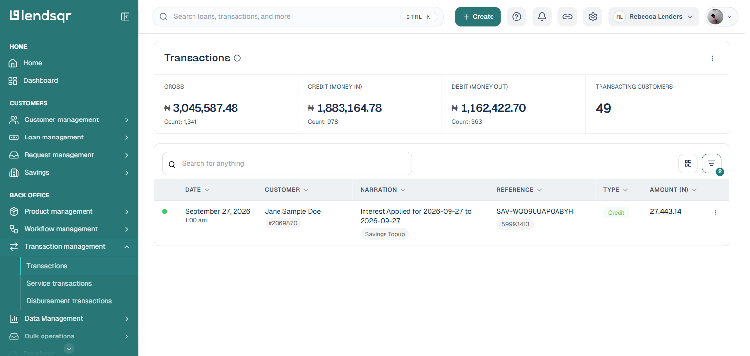 Lendsqr Transactions page showing a single filtered result matching the transaction id