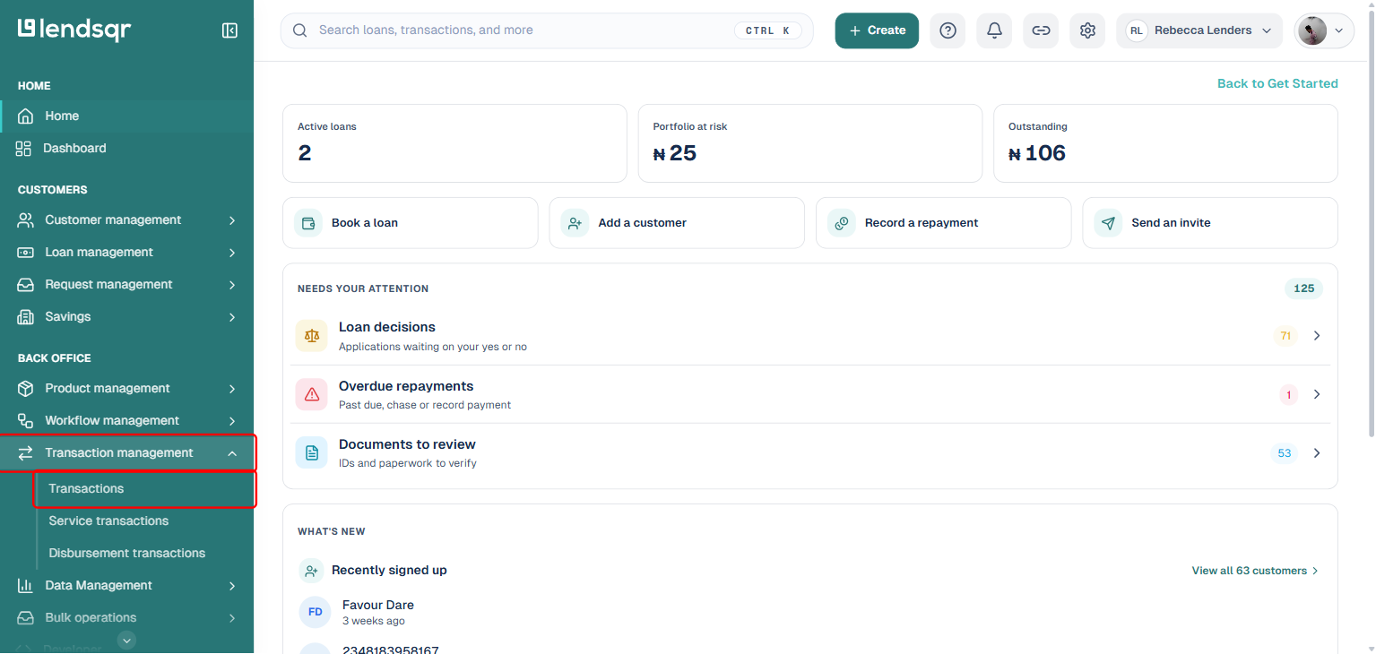 Lendsqr admin console side navigation with Transaction management and Transactions submenu item boxed