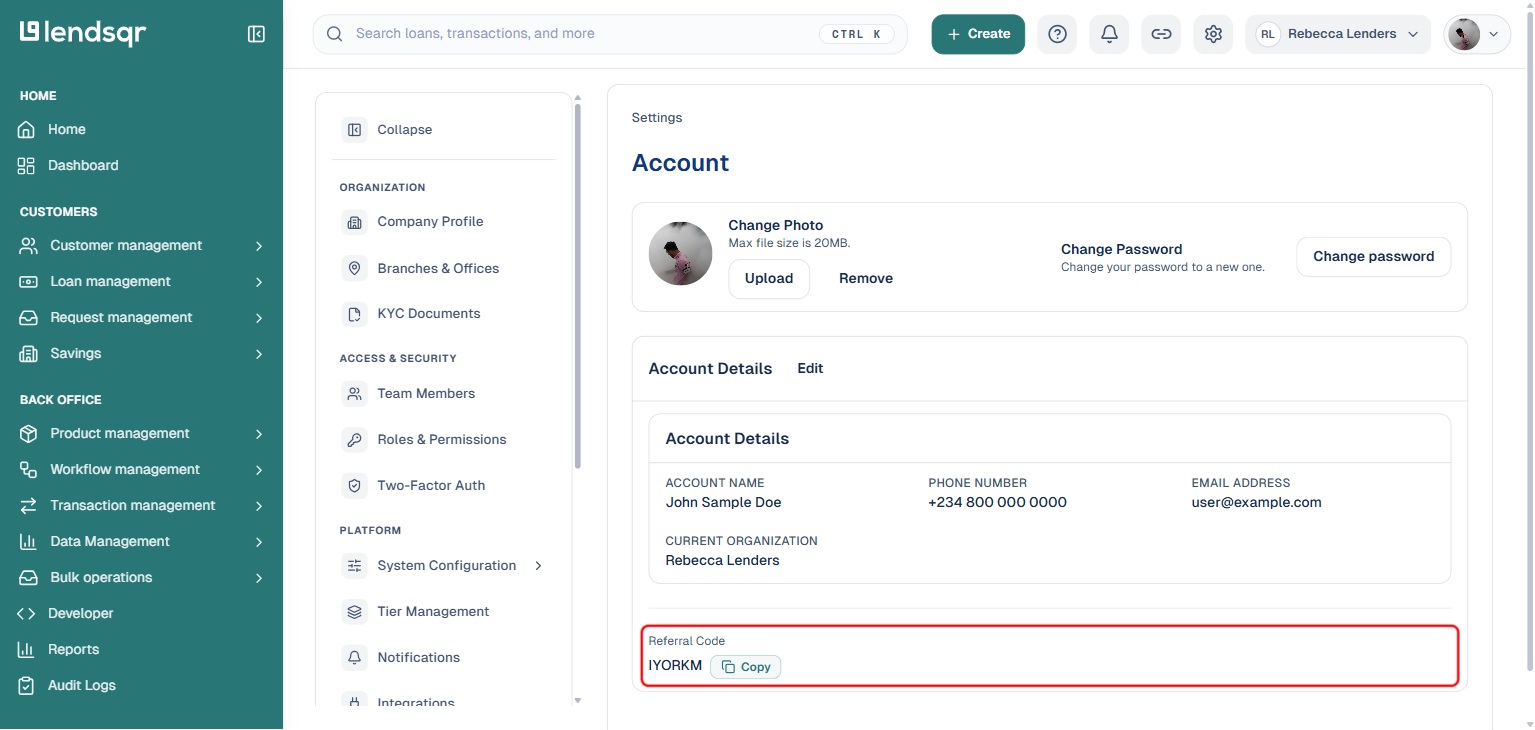Lendsqr admin console My Account page with the Referral Code field boxed in red