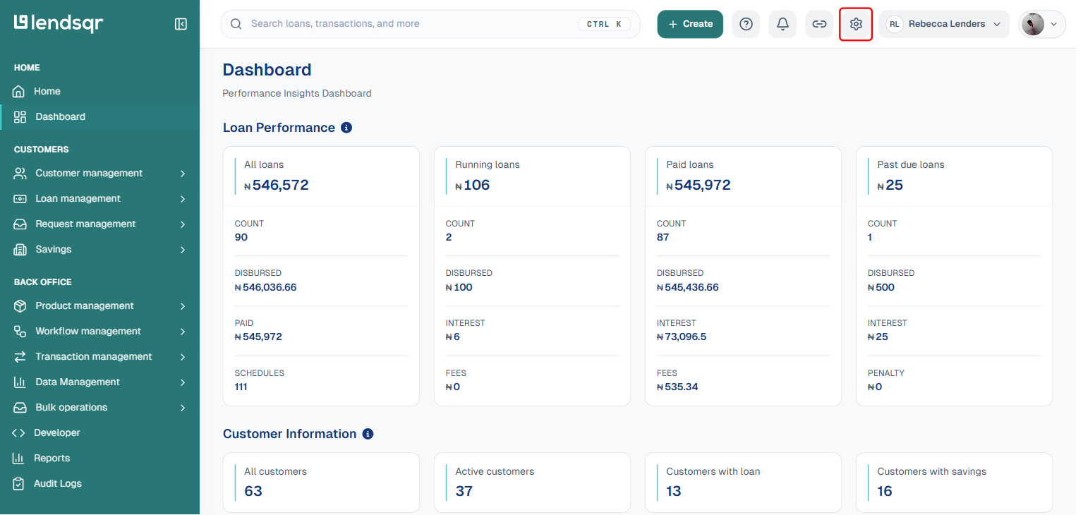Admin console dashboard: box on the Settings icon at the top of the page