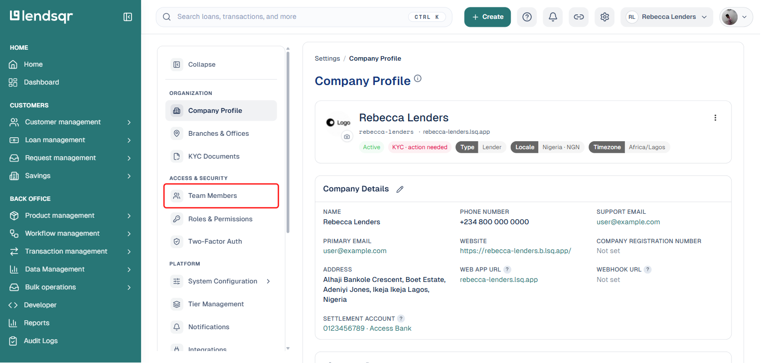 Settings page, Access and Security section: box on the Team Members option