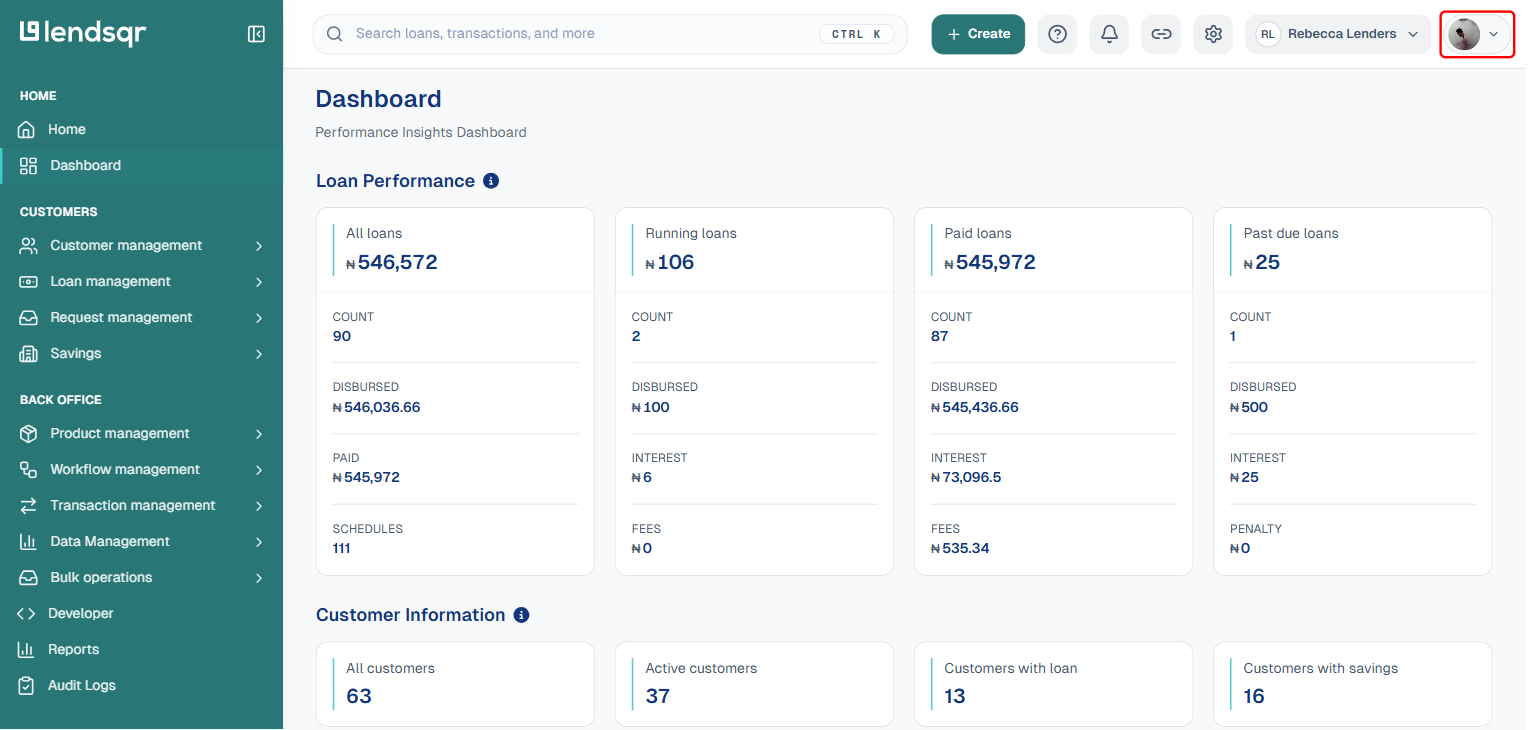 Admin console dashboard: box on the profile picture button at the top right of the navigation pane