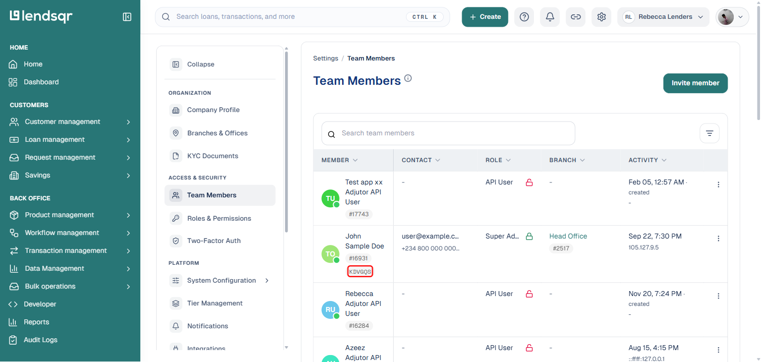 Team Members list page with a team member's referral code badge boxed in red