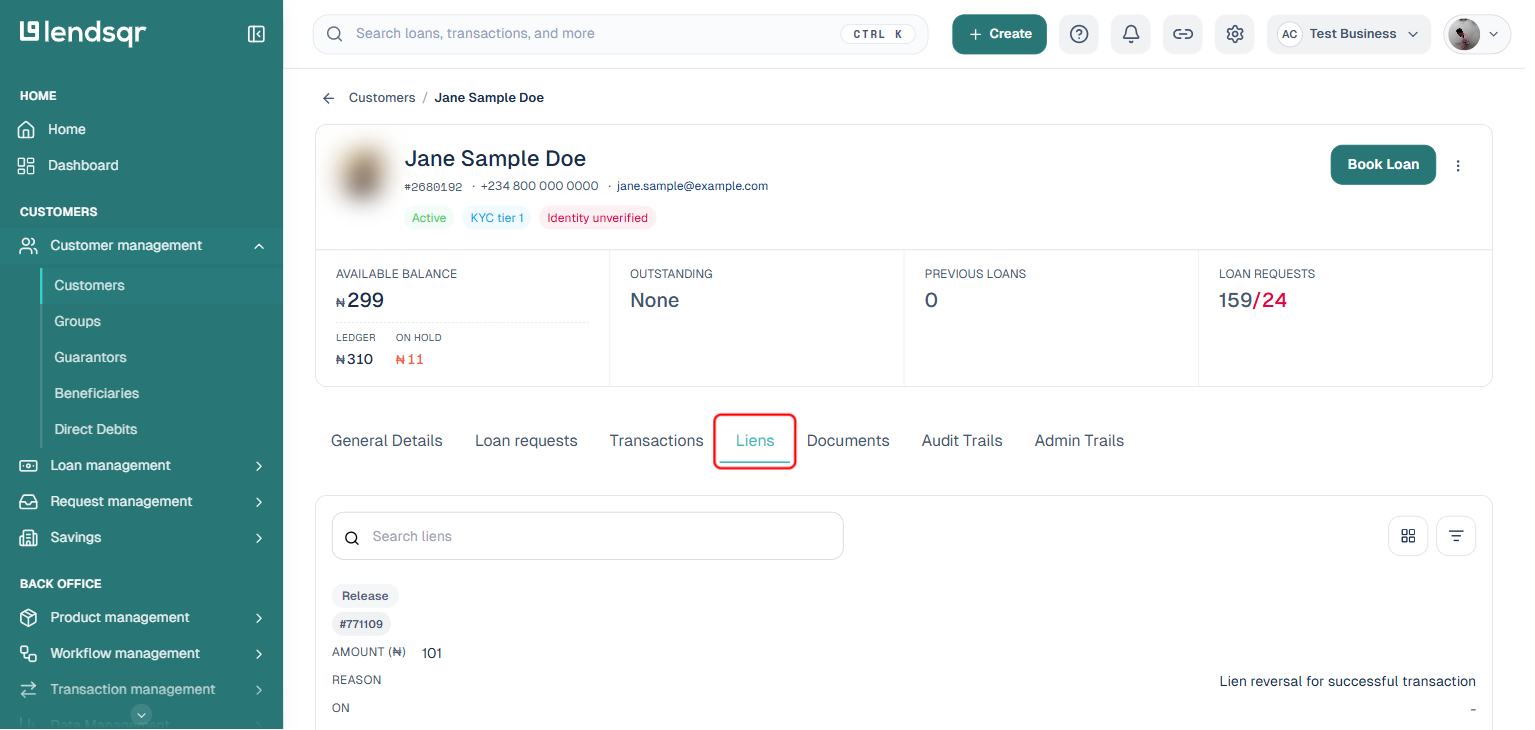 Lendsqr customer profile with the Liens tab boxed