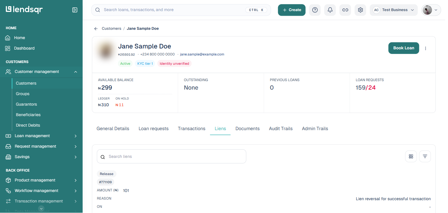 Lendsqr Liens tab showing a customer's lien history with Hold and Release tags, amounts, and reasons