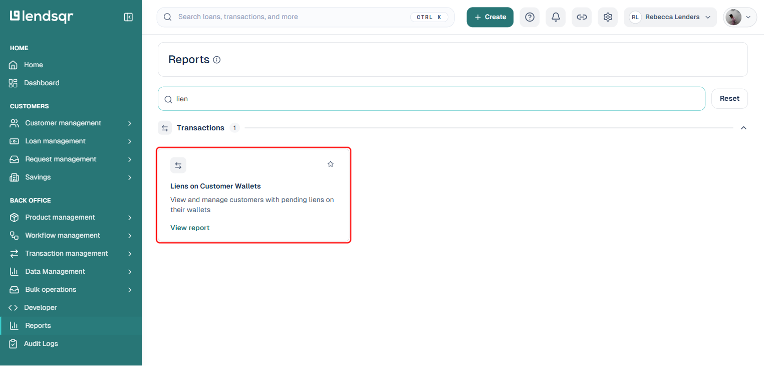 Lendsqr Reports page searched for lien, with the Liens on Customer Wallets card boxed
