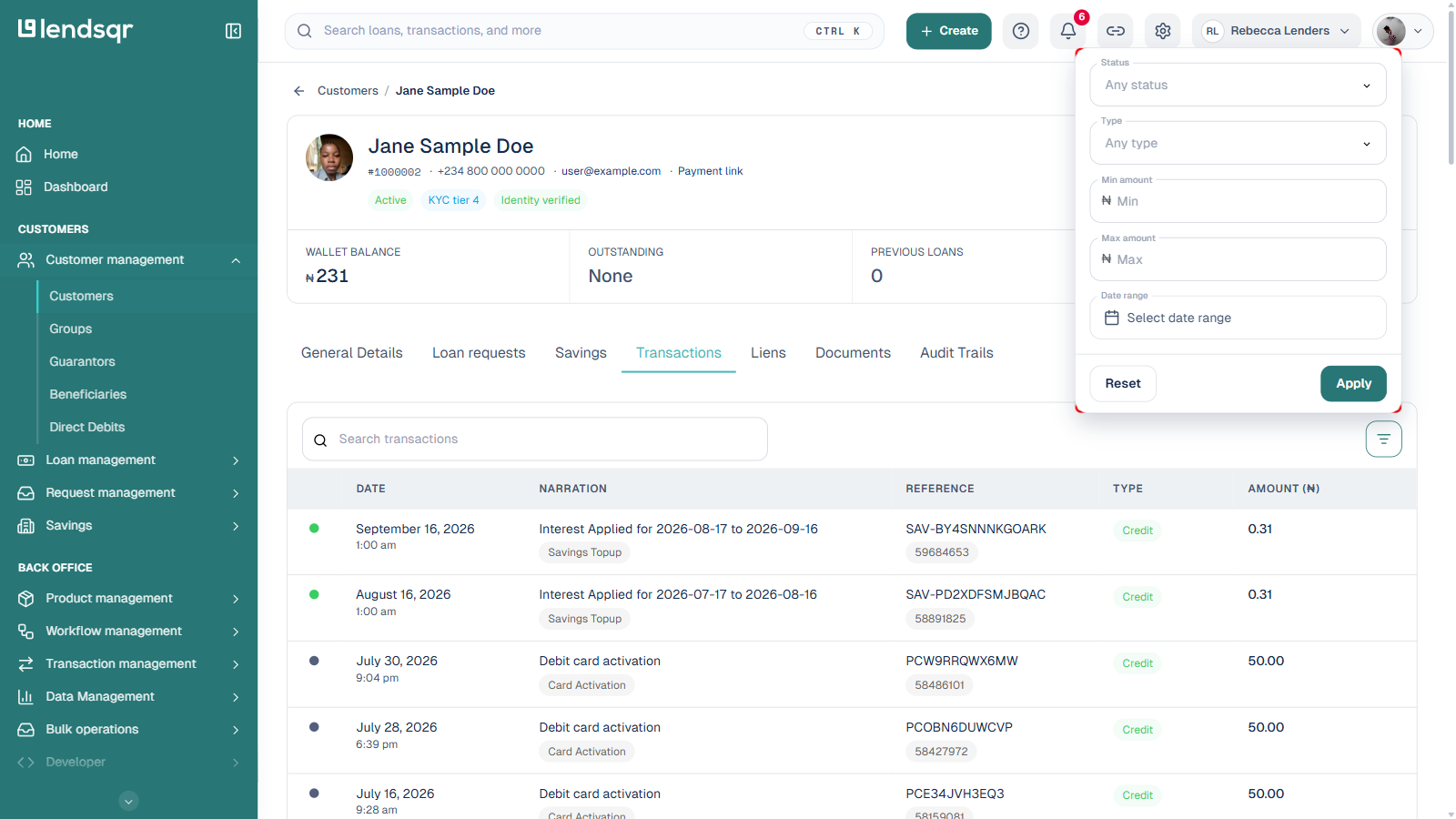 Customer transactions filter panel