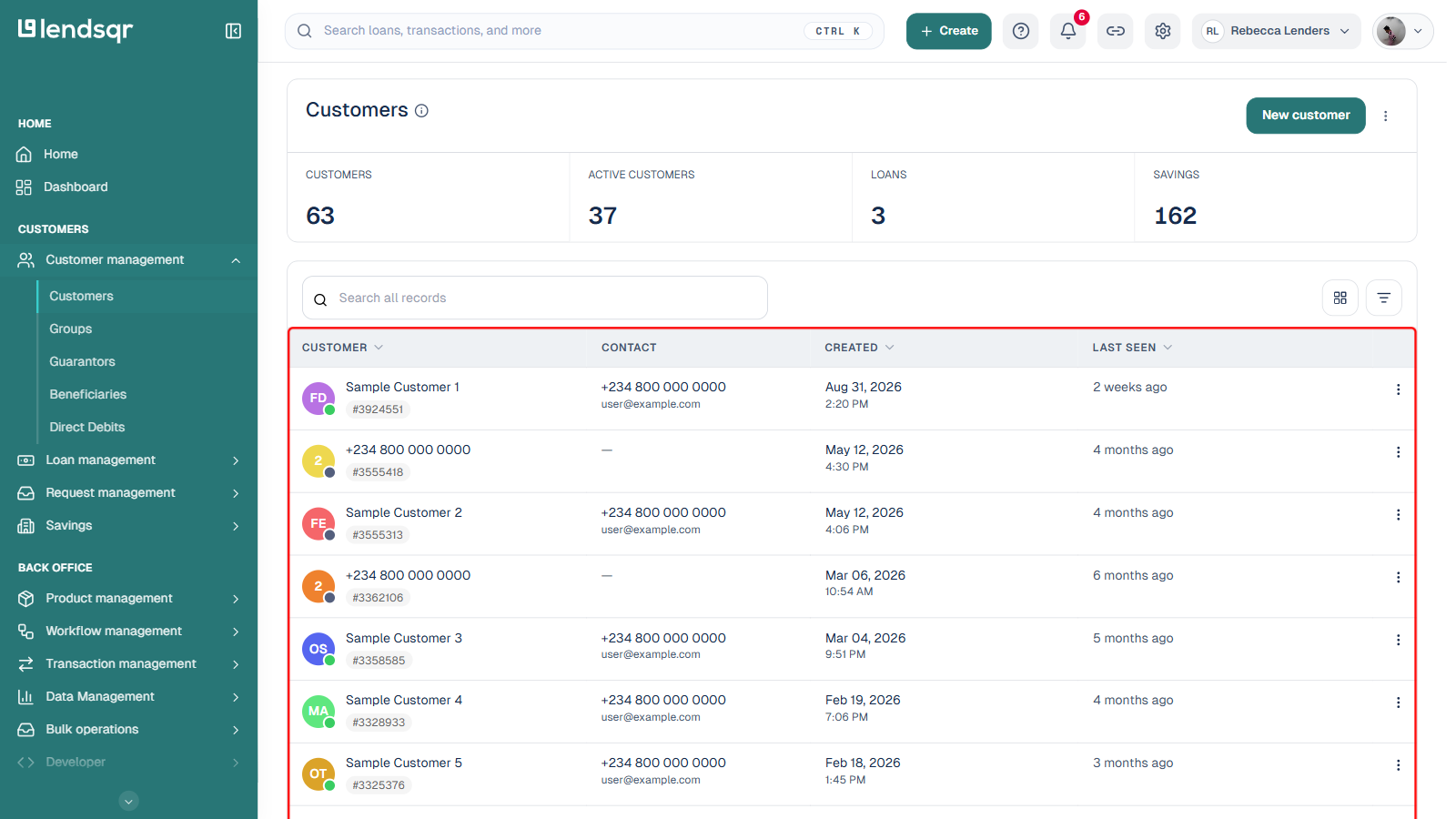 Customers list page