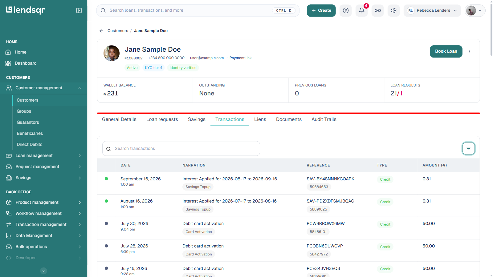 Customer profile Transactions tab
