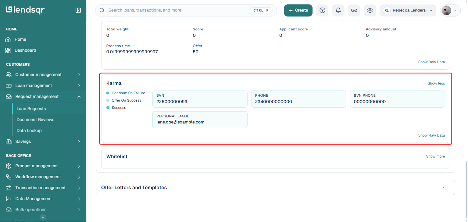 Karma check module in the Oraculi section expanded via Show more, showing the Continue On Failure, Offer On Success, and Success flow indicators alongside the BVN, Phone, BVN Phone, and Personal Email attributes evaluated