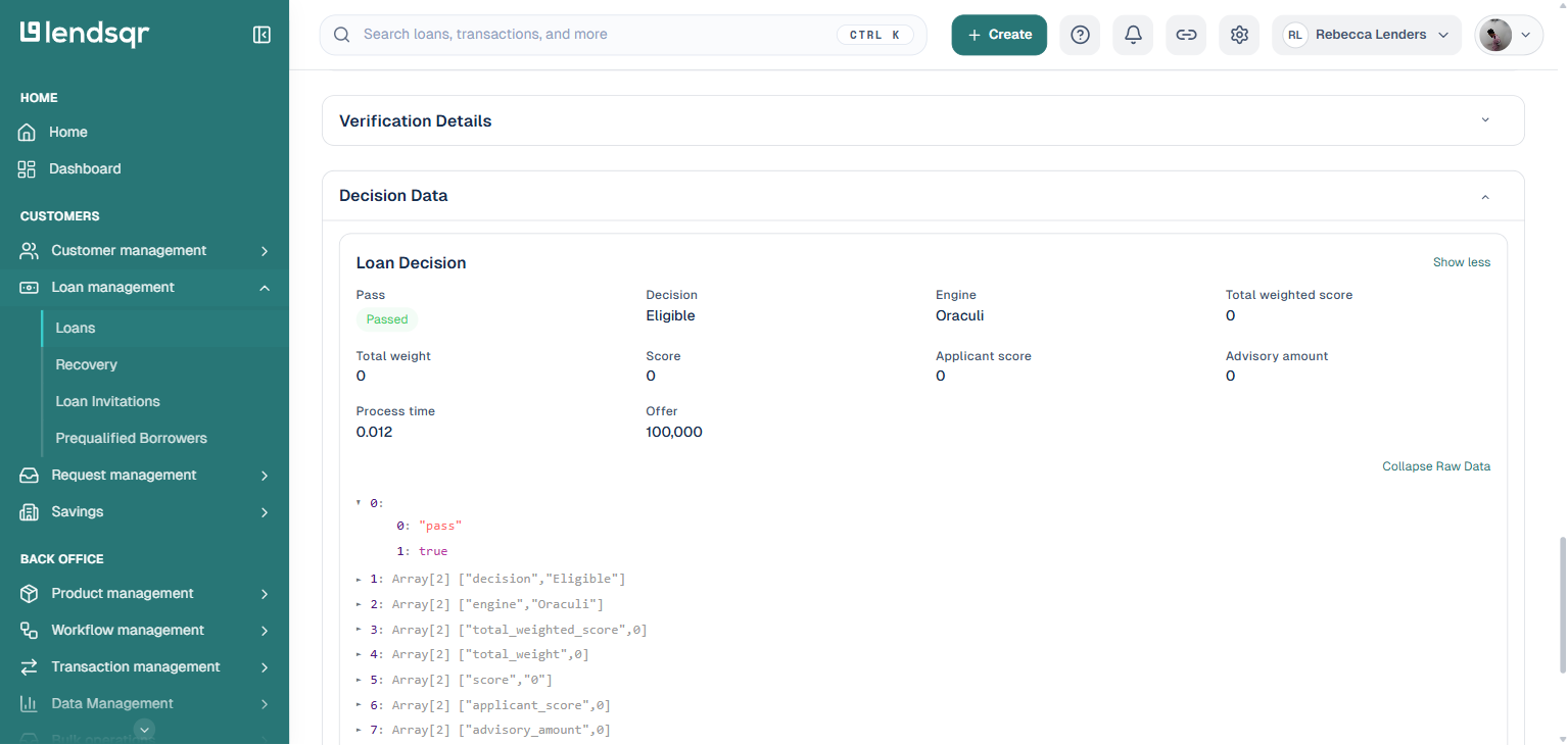 Lendsqr Oraculi raw data with the first array item expanded, showing its nested key-value pair