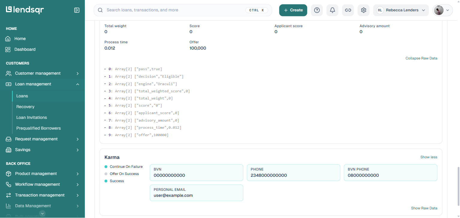 Lendsqr Decision Data Karma module card showing its own fields and a separate Show Raw Data link