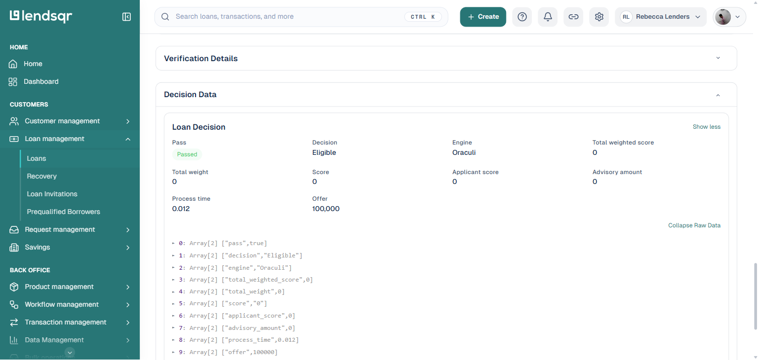 Lendsqr loan Decision Data section with Show Raw Data clicked, showing the Oraculi module list as numbered collapsed array items
