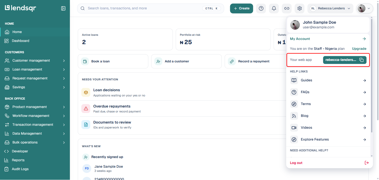 Lendsqr admin console account menu opened from the top-right profile picture, showing the Your web app row boxed in red with a copy icon next to the domain