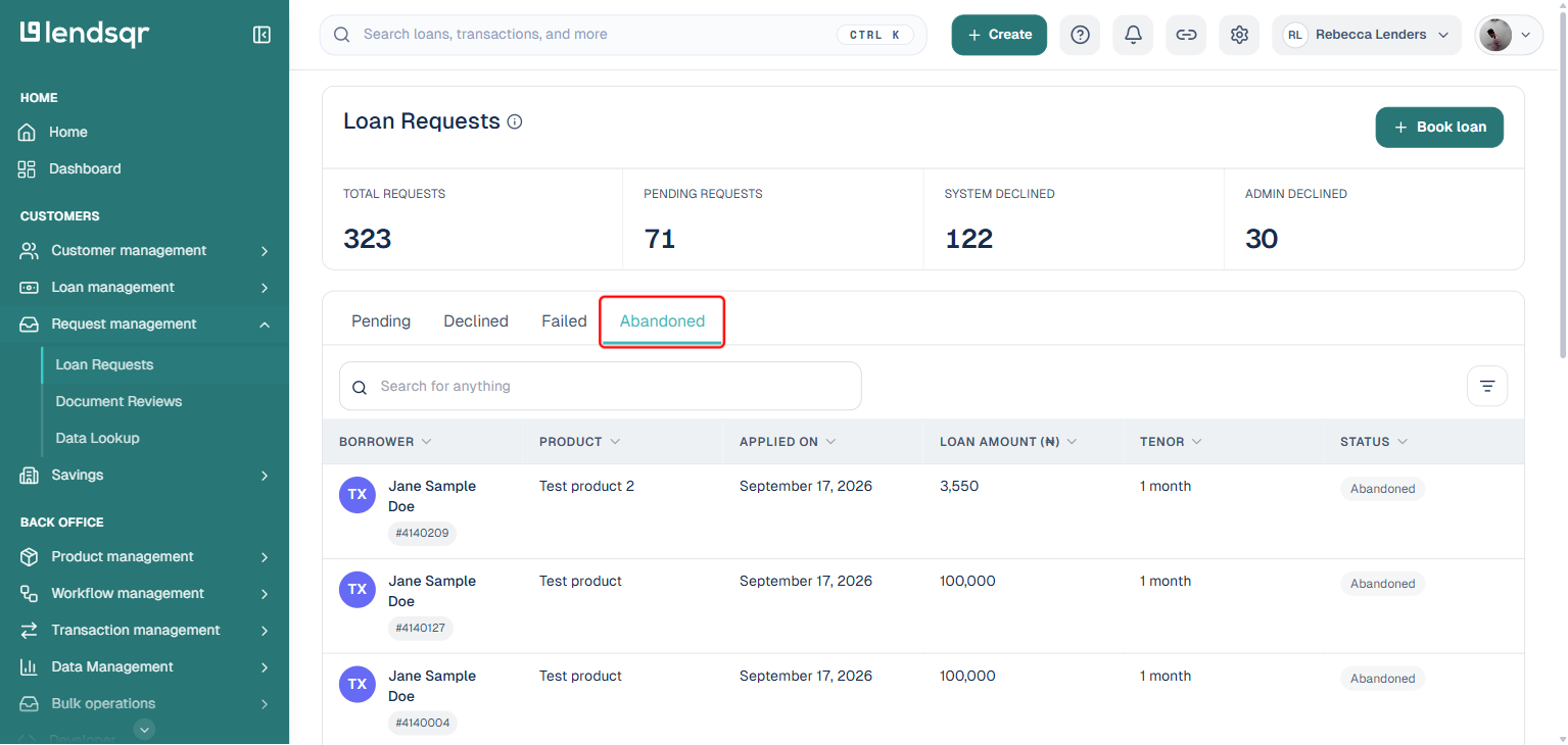 Lendsqr Loan Requests page with the Abandoned tab boxed, showing real loan requests with Abandoned status