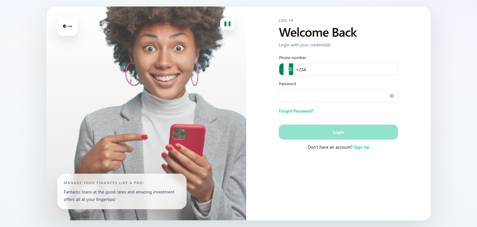 Rebecca Lenders web app login screen, the entry point where users log in to access their account and loan applications