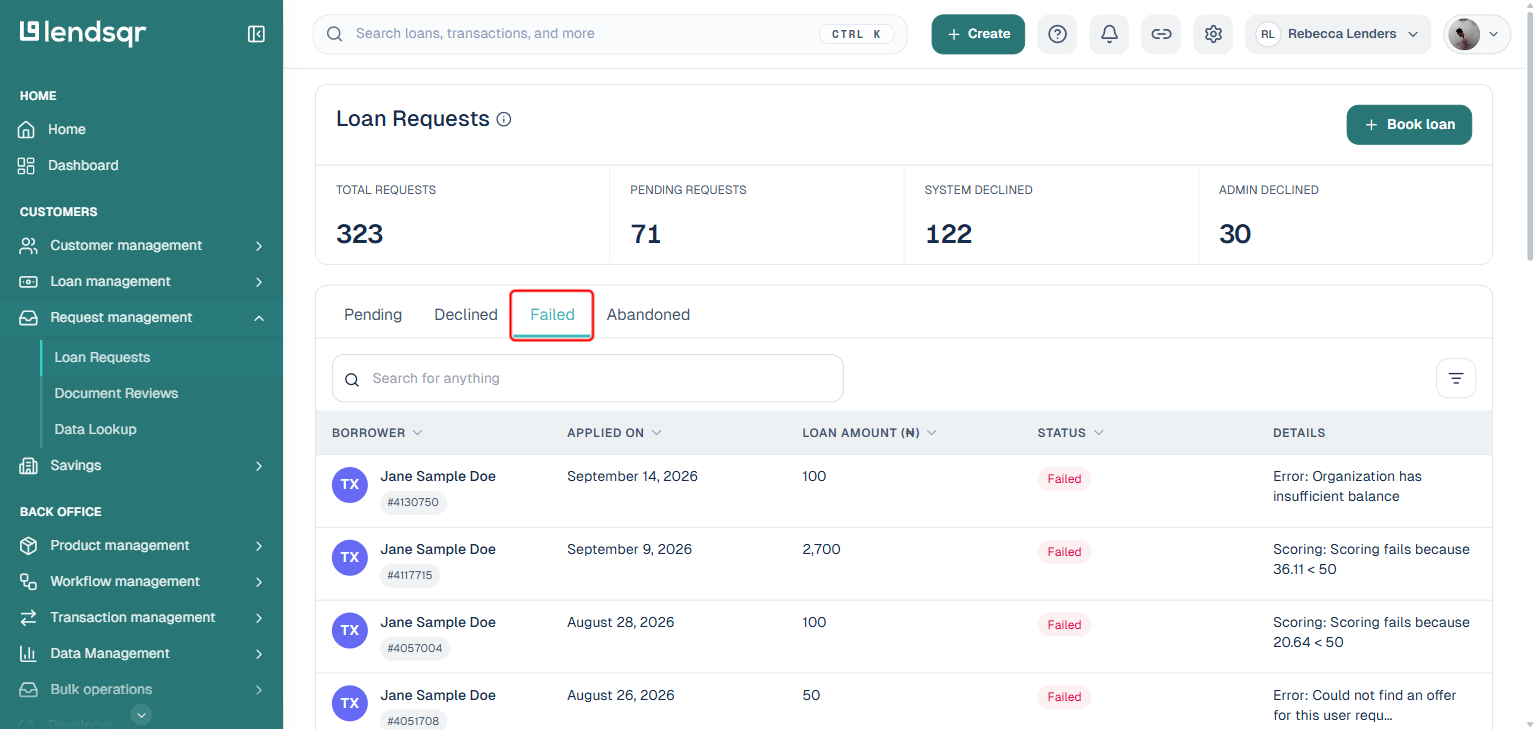 Lendsqr Failed loan requests list showing borrower, amount, status, and a Details column with the failure reason for each request