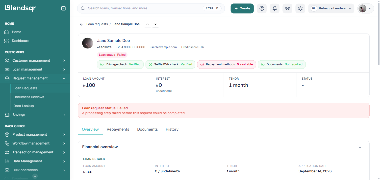 Lendsqr failed loan request detail page showing the Loan request status: Failed banner with the failure reason
