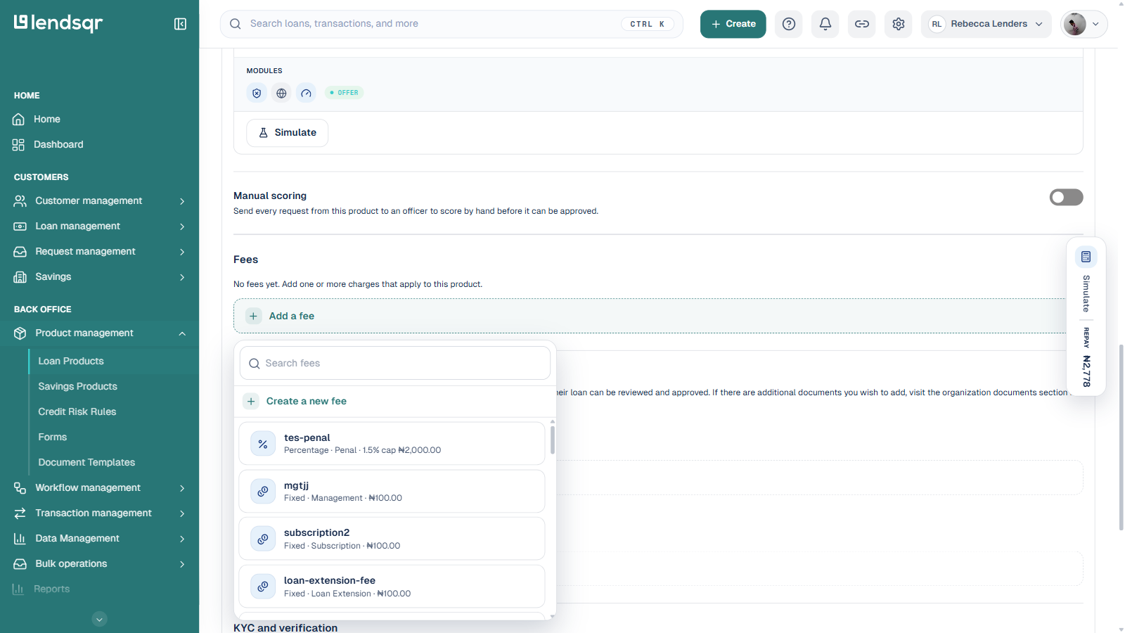 Fees section on the loan product edit page showing the Add a fee button and the search fees picker with Create a new fee action