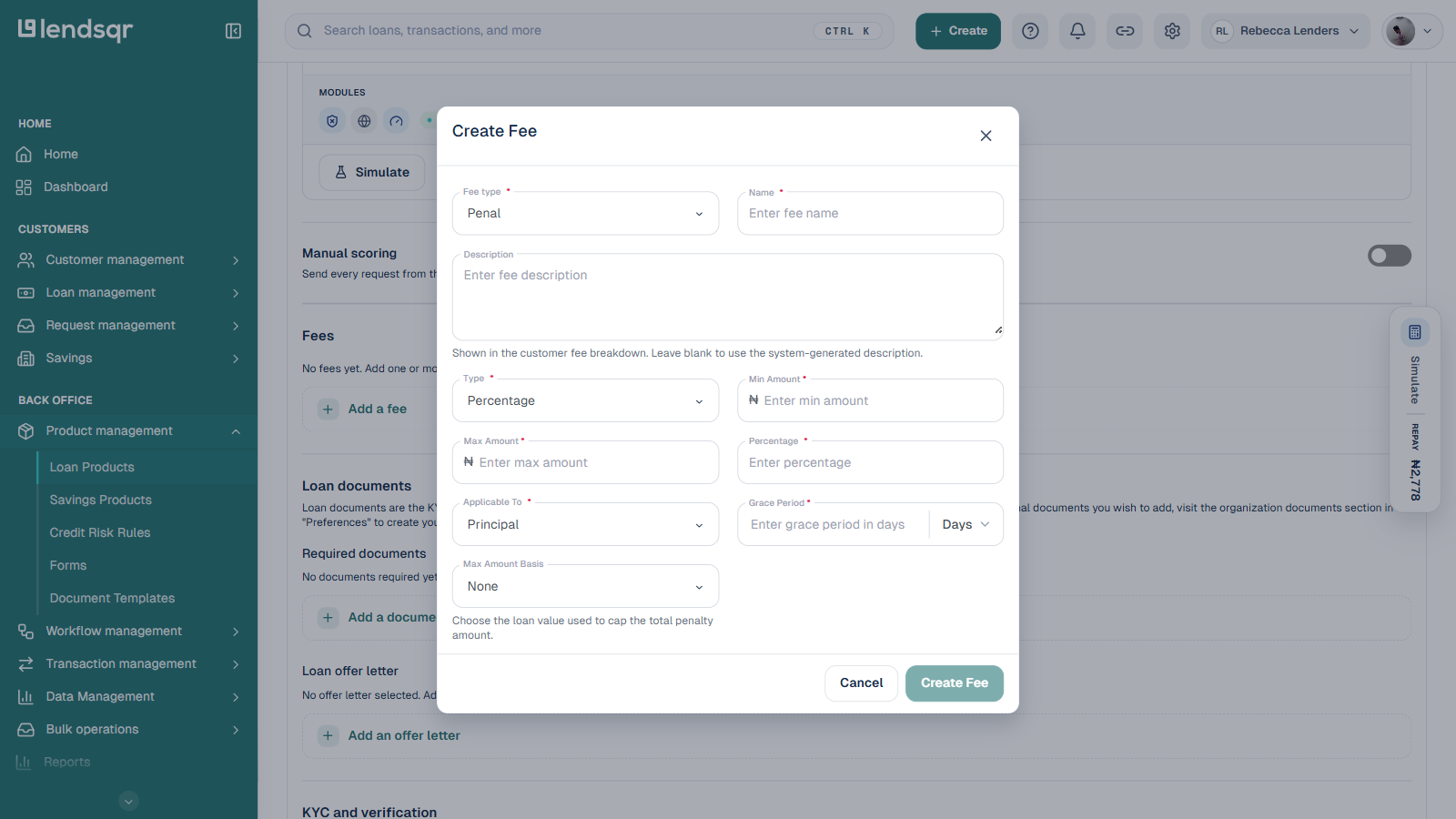 Create Fee dialog showing Fee type, Name, Description, Type, Min Amount, Max Amount, Percentage, Applicable To, Grace Period, and Max Amount Basis fields