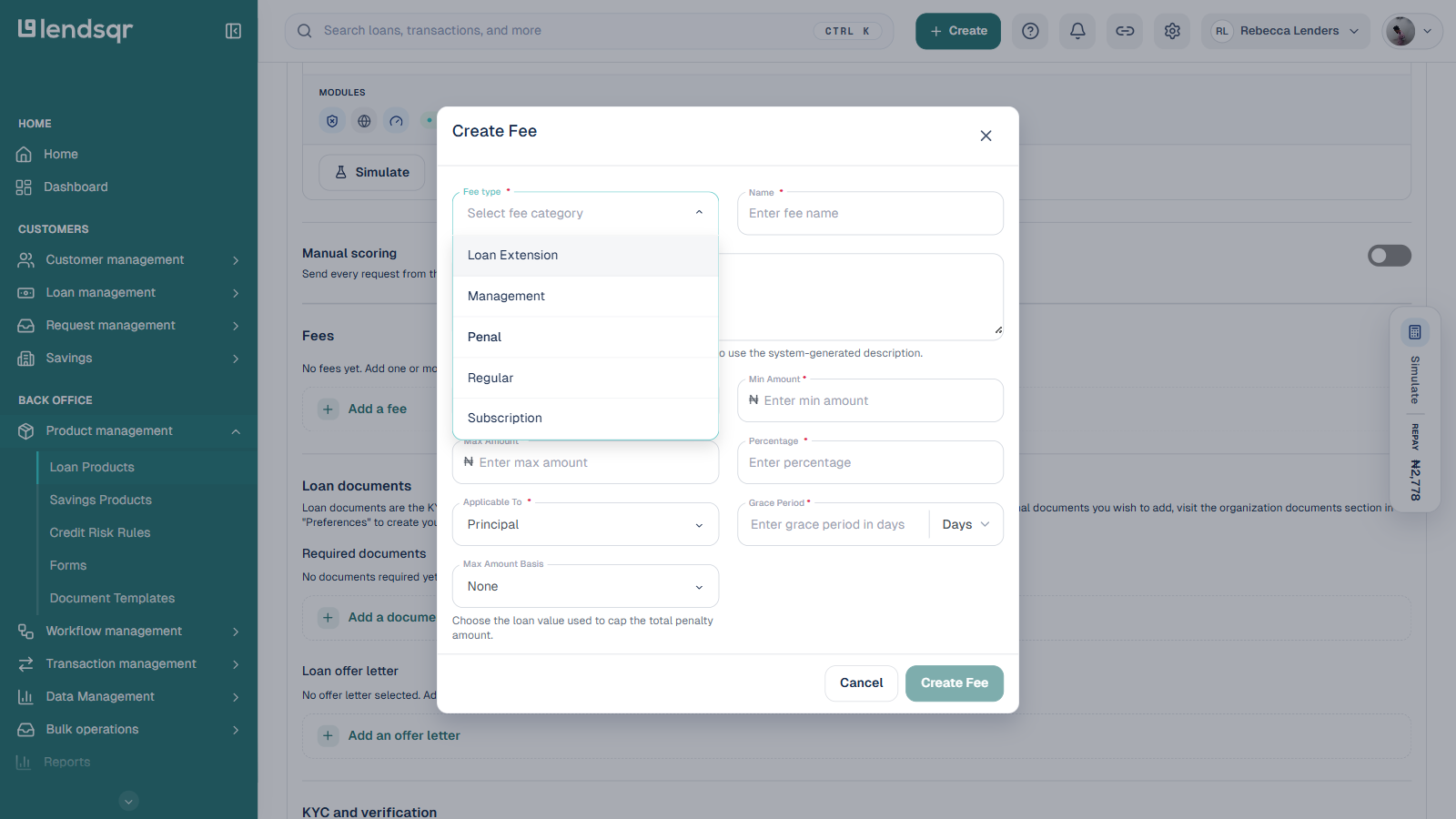 Fee type dropdown in the Create Fee dialog open, showing Loan Extension, Management, Penal, Regular, and Subscription options