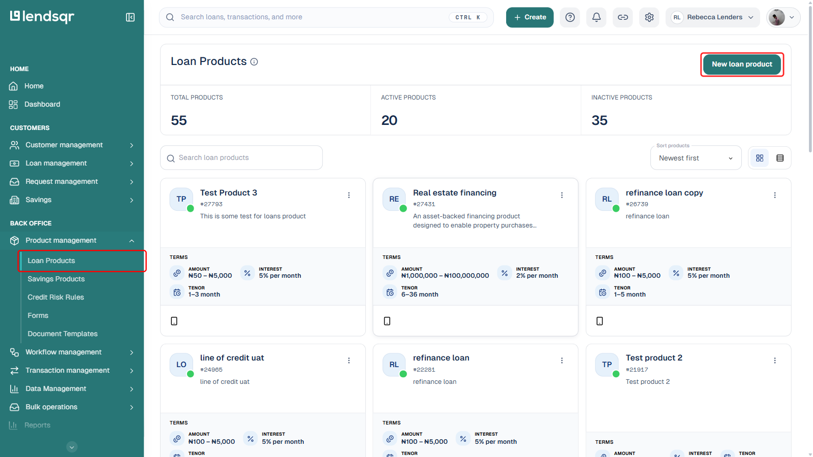 Loan Products page under Back Office Product management, with the sidebar Loan Products item and New loan product button both boxed in red
