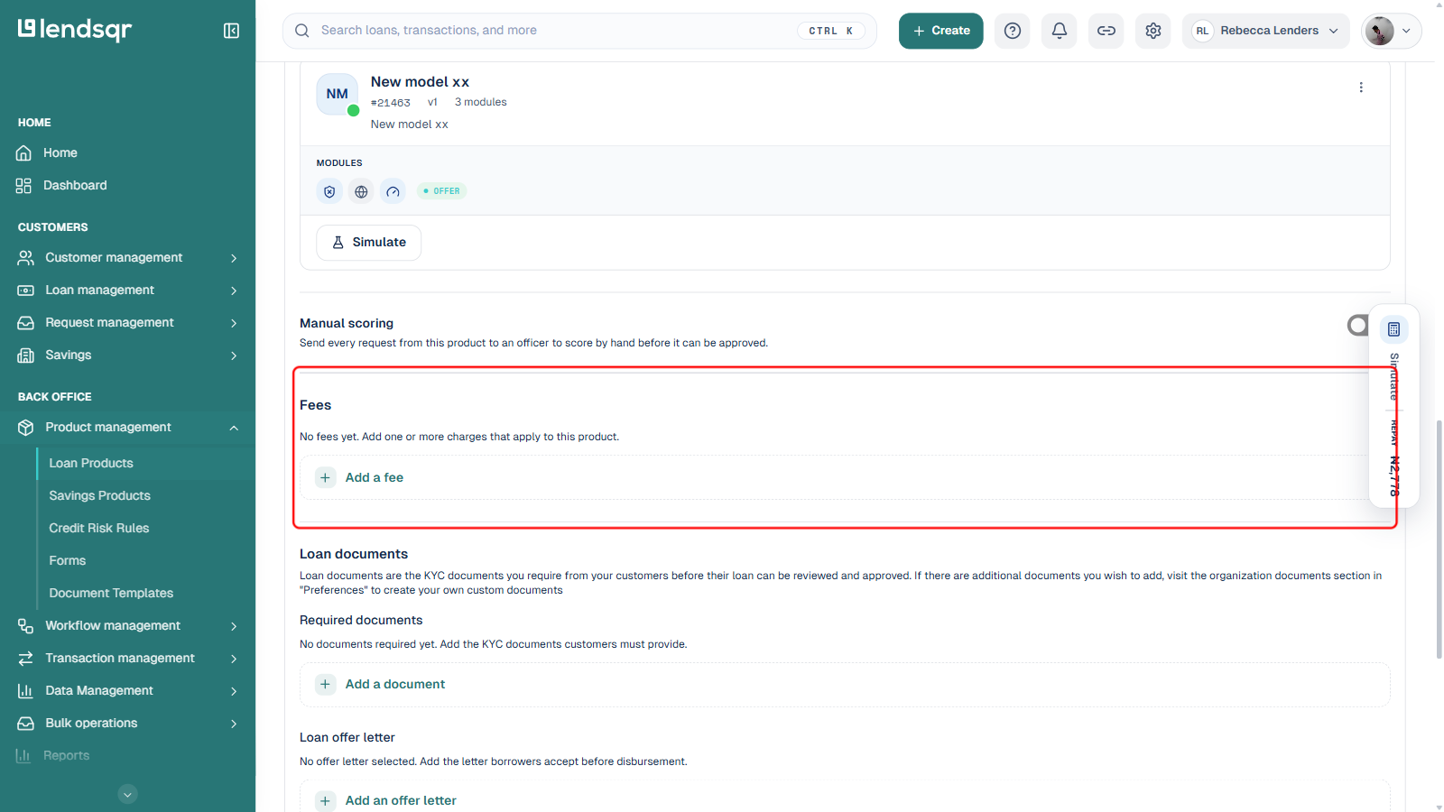 Edit loan product page, Fees section boxed in red, showing No fees yet and an Add a fee button