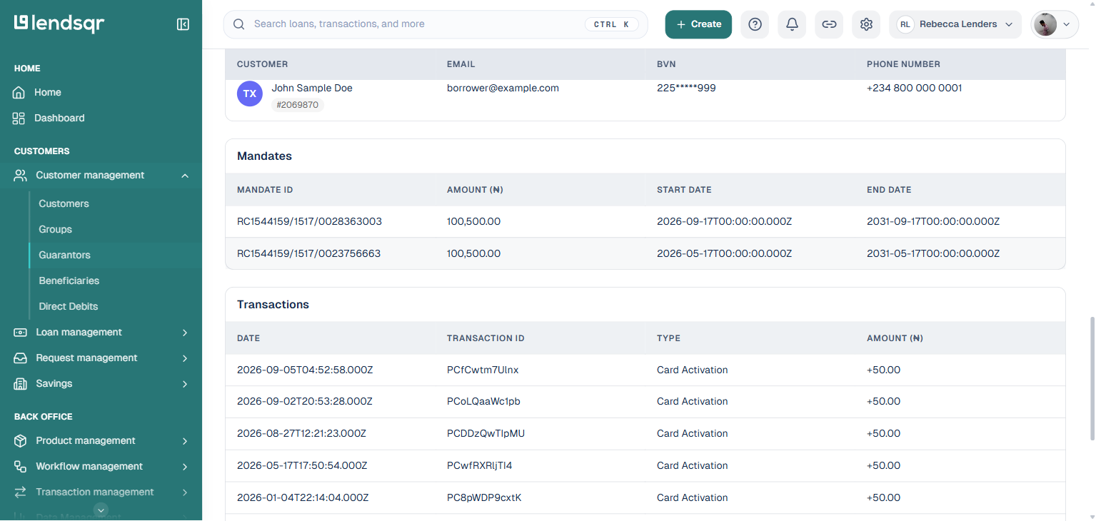Guarantor detail page scrolled down showing the Customers section with the linked customer account, the Mandates section with active mandate records, and the Transactions section with payment method and transaction history