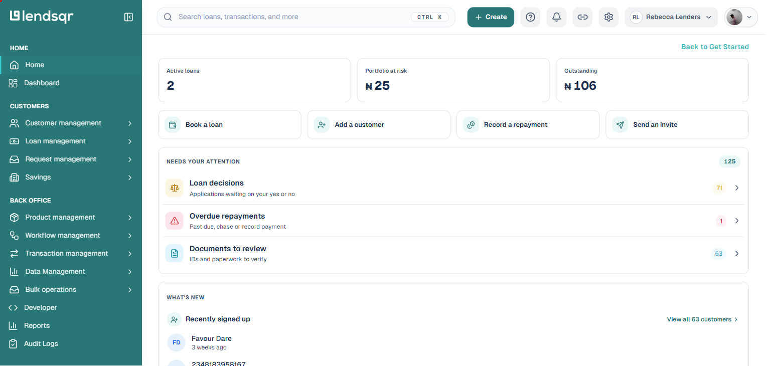 Lendsqr admin console side navigation with Customer management boxed