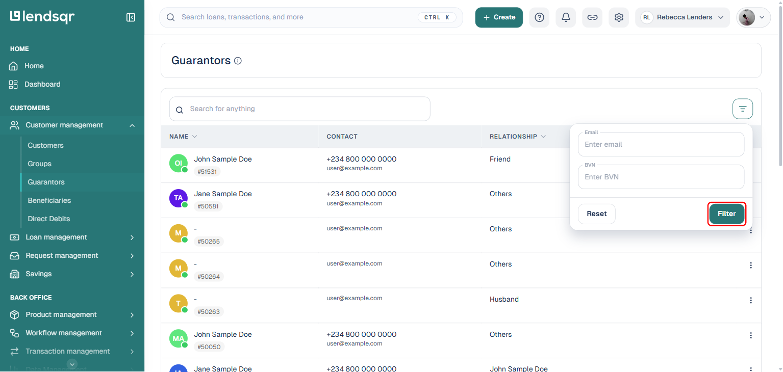 Lendsqr Guarantors page filter panel with Email and BVN fields