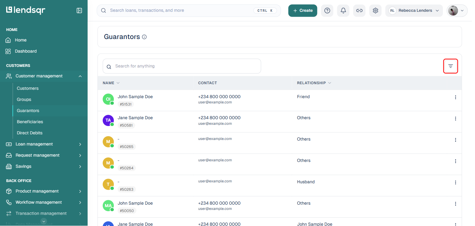 Lendsqr Guarantors page showing the list of guarantors with name, contact, and relationship columns