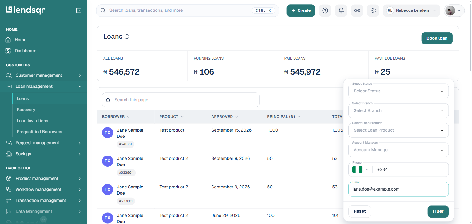 Loans page filter panel showing Select Status, Select Branch, Select Loan Product, Account Manager, Phone, and Email address fields