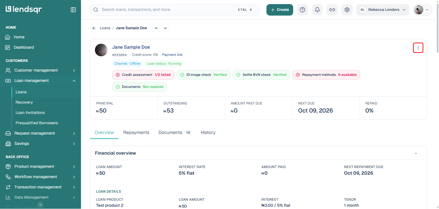 Lendsqr loan detail page with the More actions three-dot button boxed