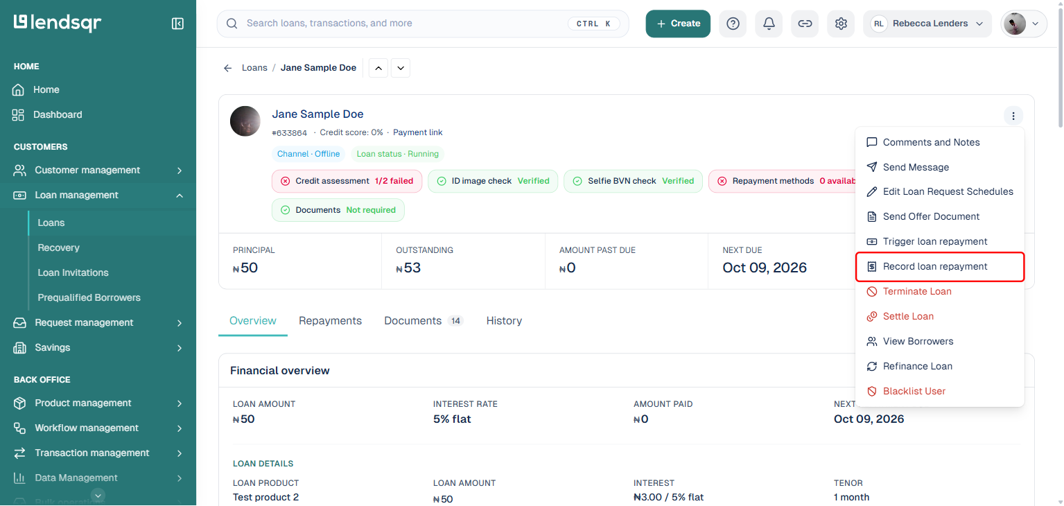 Lendsqr loan actions menu open with Record loan repayment boxed
