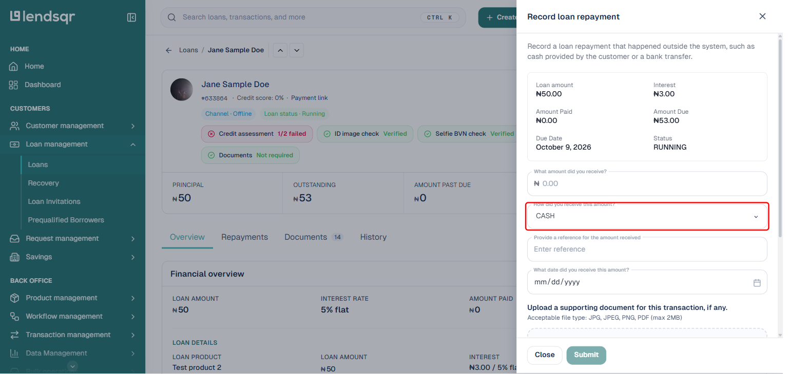 Lendsqr Record loan repayment modal showing loan summary, amount received, channel dropdown set to CASH, reference, date, and supporting document upload fields