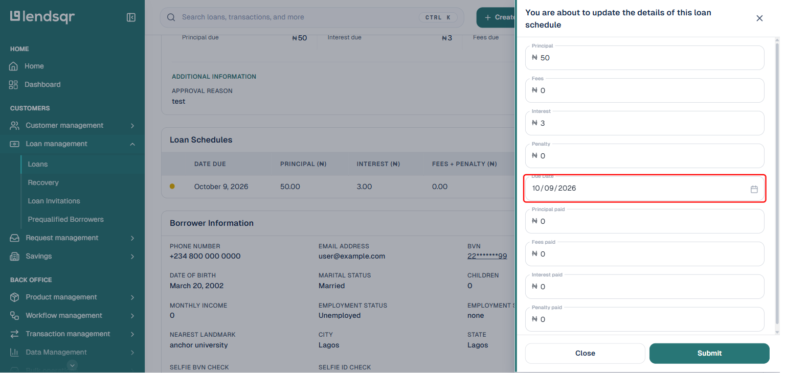 Lendsqr You are about to update the details of this loan schedule panel showing Principal, Fees, Interest, Penalty, Due Date, and paid-amount fields